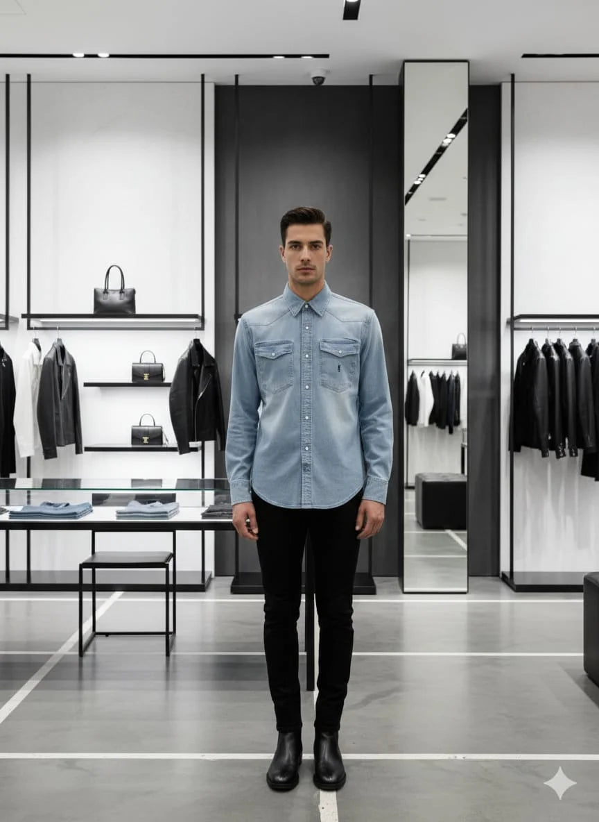 Model wearing Saint Laurent YSL blue denim western shirt with monogram pocket in luxury boutique