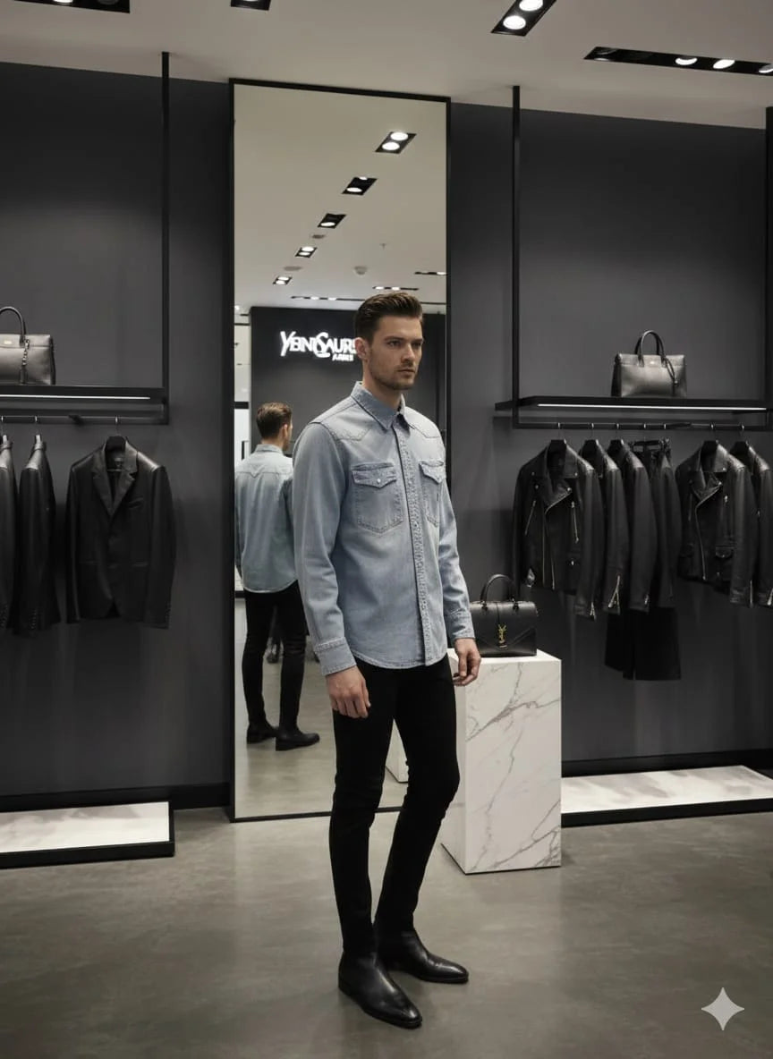 Model wearing Saint Laurent YSL blue denim western shirt with monogram pocket in luxury boutique