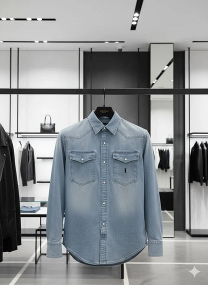 Model wearing Saint Laurent YSL blue denim western shirt with monogram pocket in luxury boutique