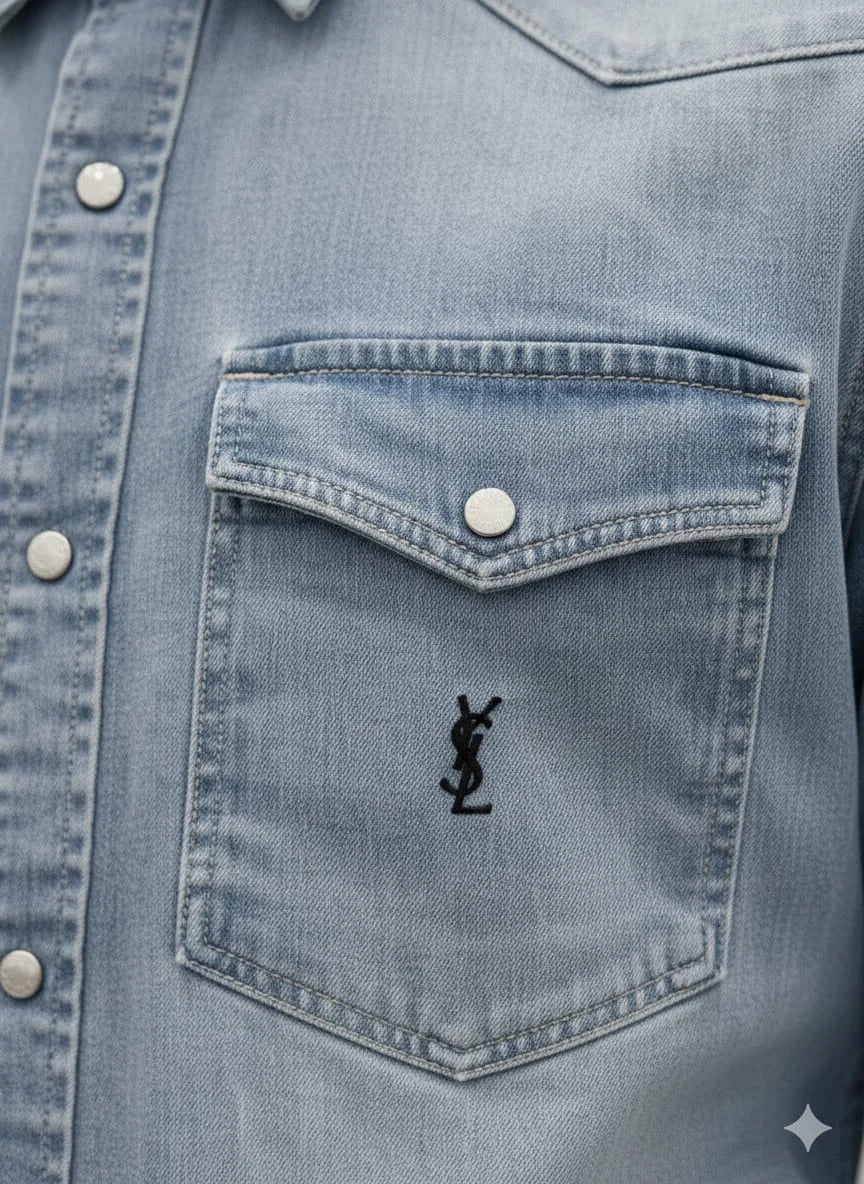 Model wearing Saint Laurent YSL blue denim western shirt with monogram pocket in luxury boutique
