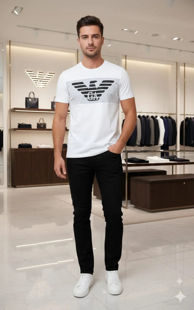 GIO*GIO ARM*NI || Men’s Eagle Logo Color-Block T-Shirt – Premium Slim Fit Crew Neck