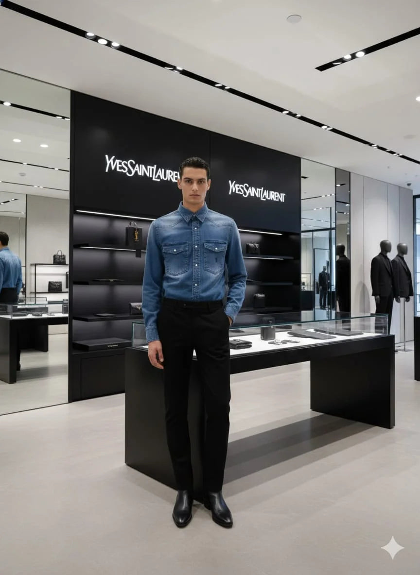 Model wearing Saint Laurent YSL blue denim western shirt with monogram pocket in luxury boutique