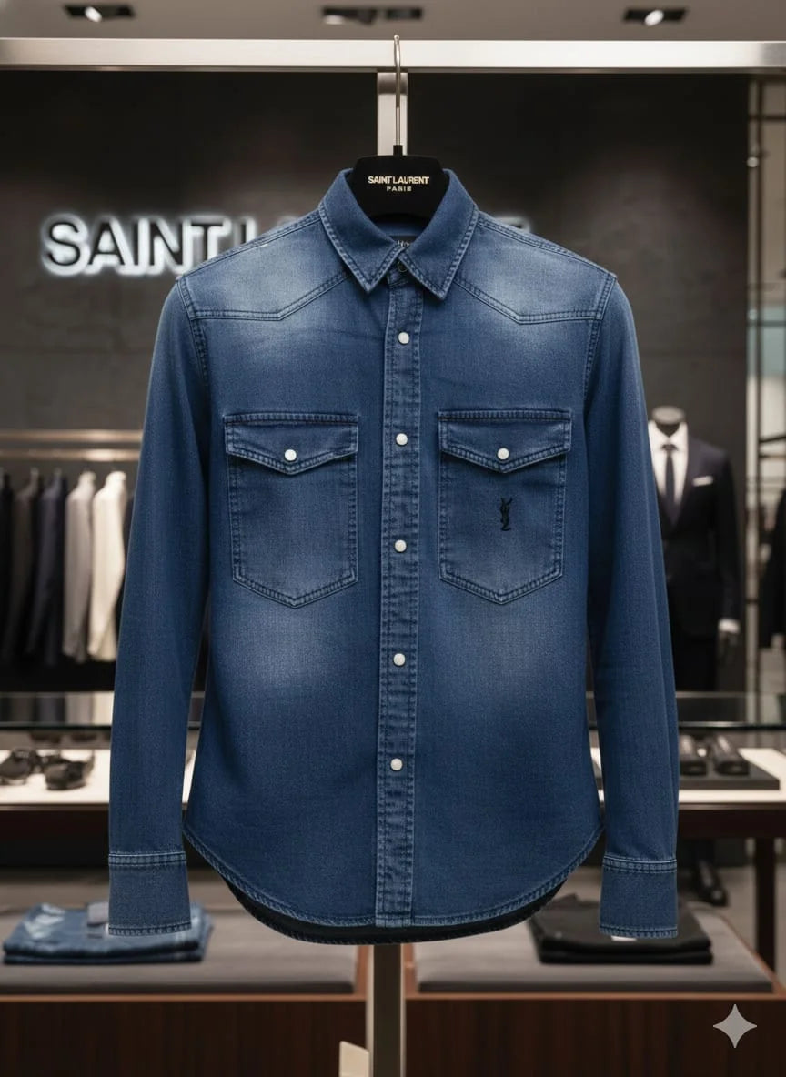 Model wearing Saint Laurent YSL blue denim western shirt with monogram pocket in luxury boutique