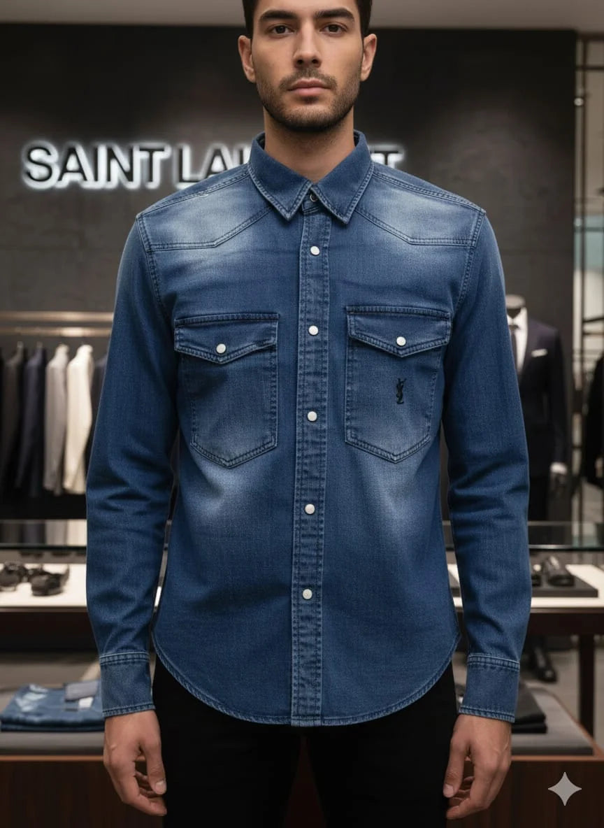 Model wearing Saint Laurent YSL blue denim western shirt with monogram pocket in luxury boutique
