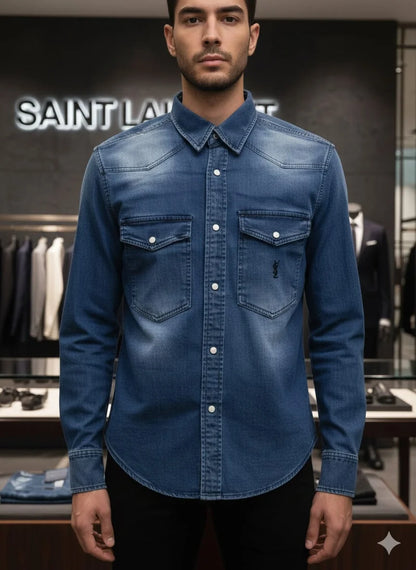 Model wearing Saint Laurent YSL blue denim western shirt with monogram pocket in luxury boutique