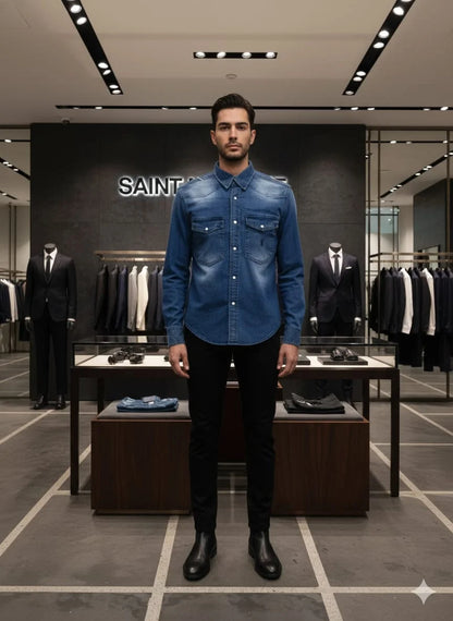 Model wearing Saint Laurent YSL blue denim western shirt with monogram pocket in luxury boutique