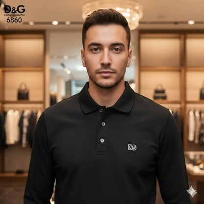DOLCE & GABBANA || Men’s Long-Sleeve Piqué Polo Shirt – Slim Fit Embroidered DG Logo