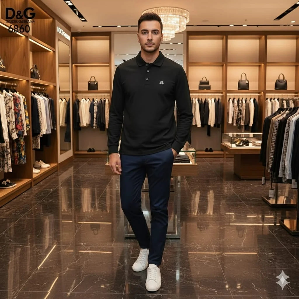 DOLCE & GABBANA || Men’s Long-Sleeve Piqué Polo Shirt – Slim Fit Embroidered DG Logo