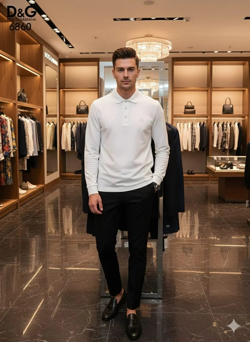 DOLCE & GABBANA || Men’s Long-Sleeve Piqué Polo Shirt – Slim Fit Embroidered DG Logo