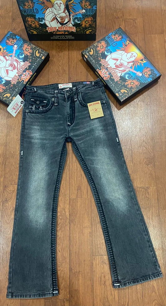 TRUE RELIGION || Men's Ricky Straight Fit Jeans – Heritage Grey Wash with Horseshoe Paisley Embroidery