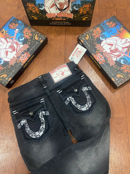 TRUE RELIGION || Men's Ricky Straight Fit Jeans – Heritage Grey Wash with Horseshoe Paisley Embroidery