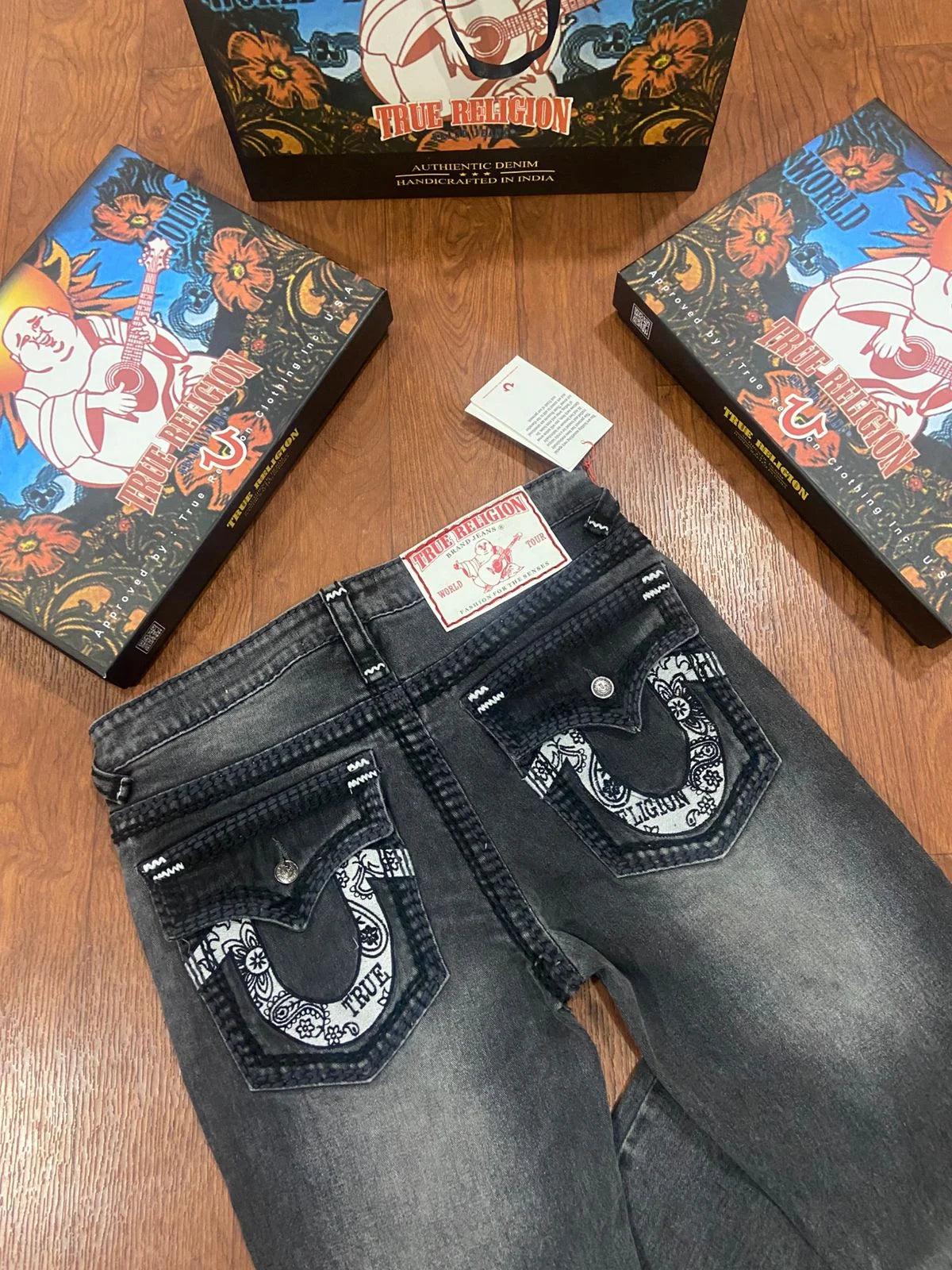 TRUE RELIGION || Men's Ricky Straight Fit Jeans – Heritage Grey Wash with Horseshoe Paisley Embroidery