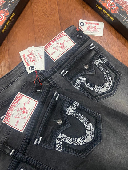 TRUE RELIGION || Men's Ricky Straight Fit Jeans – Heritage Grey Wash with Horseshoe Paisley Embroidery