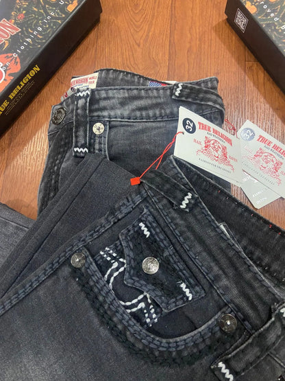 TRUE RELIGION || Men's Ricky Straight Fit Jeans – Heritage Grey Wash with Horseshoe Paisley Embroidery