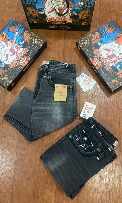 TRUE RELIGION || Men's Ricky Straight Fit Jeans – Heritage Grey Wash with Horseshoe Paisley Embroidery