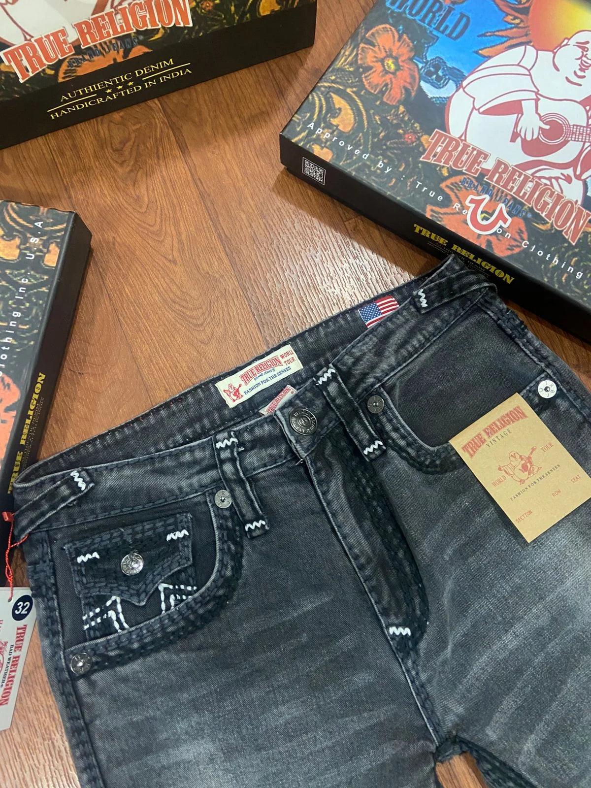 TRUE RELIGION || Men's Ricky Straight Fit Jeans – Heritage Grey Wash with Horseshoe Paisley Embroidery