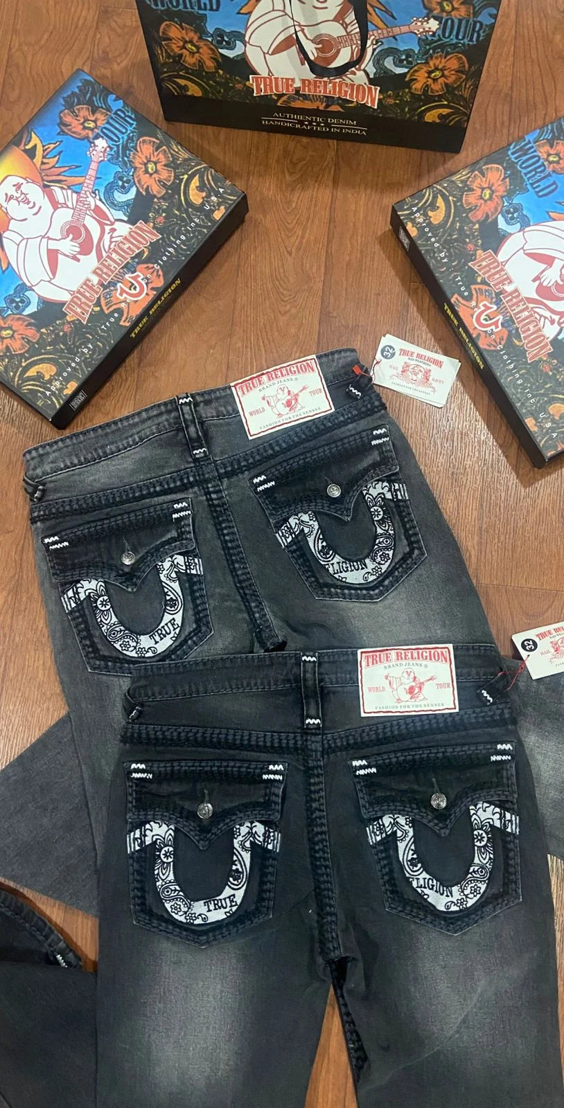 TRUE RELIGION || Men's Ricky Straight Fit Jeans – Heritage Grey Wash with Horseshoe Paisley Embroidery