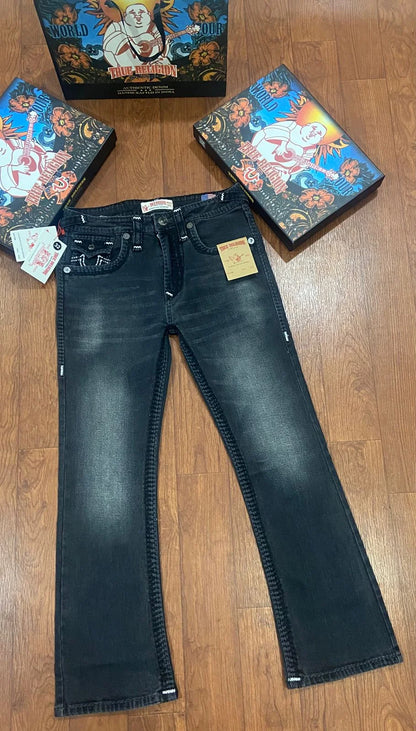 TRUE RELIGION || Men's Ricky Straight Fit Jeans – Heritage Grey Wash with Horseshoe Paisley Embroidery