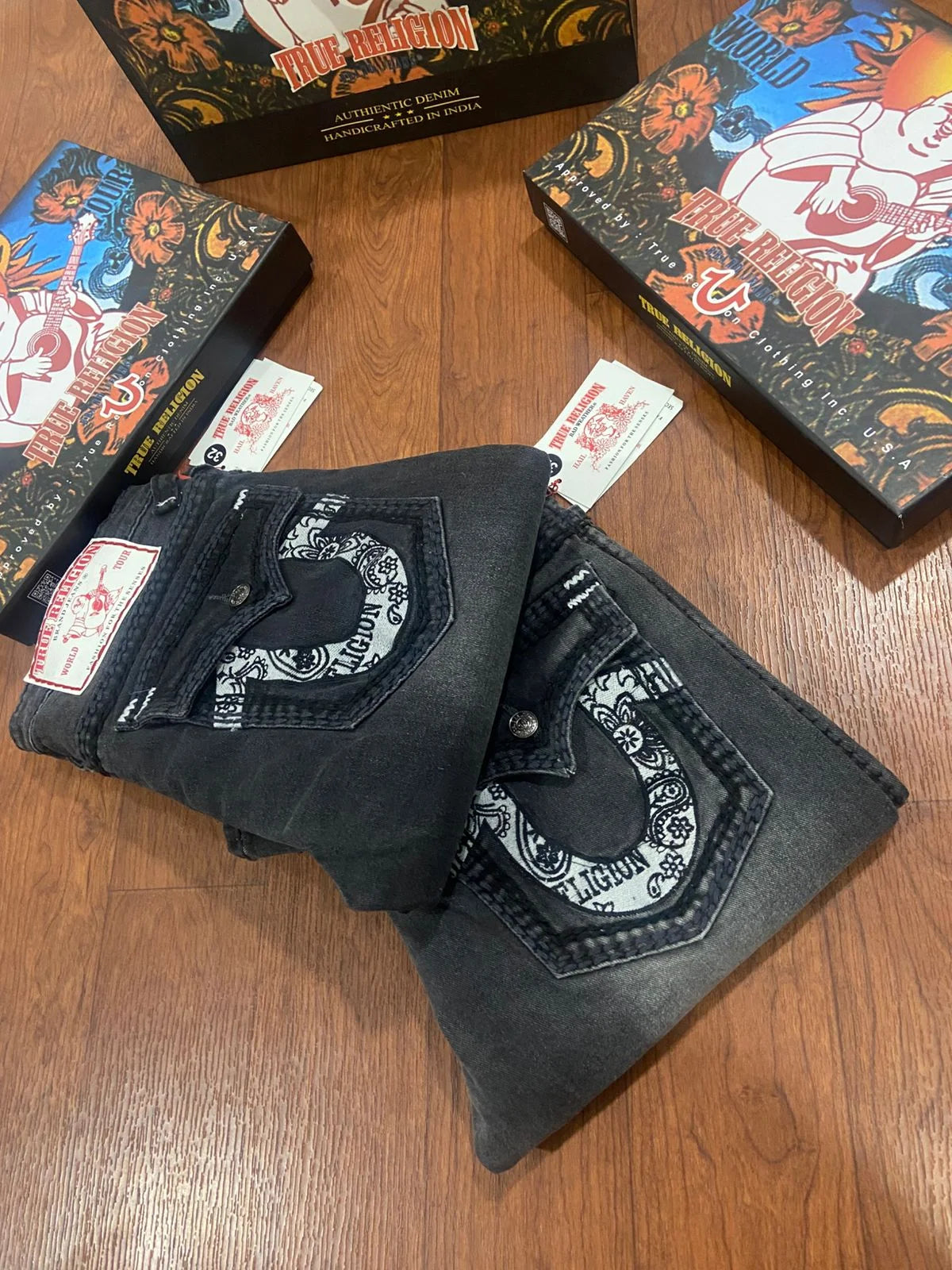 TRUE RELIGION || Men's Ricky Straight Fit Jeans – Heritage Grey Wash with Horseshoe Paisley Embroidery