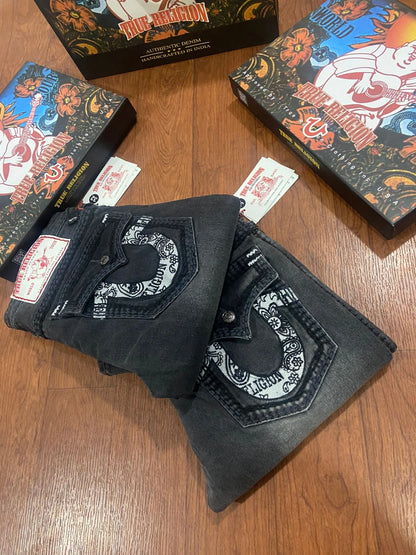 TRUE RELIGION || Men's Ricky Straight Fit Jeans – Heritage Grey Wash with Horseshoe Paisley Embroidery