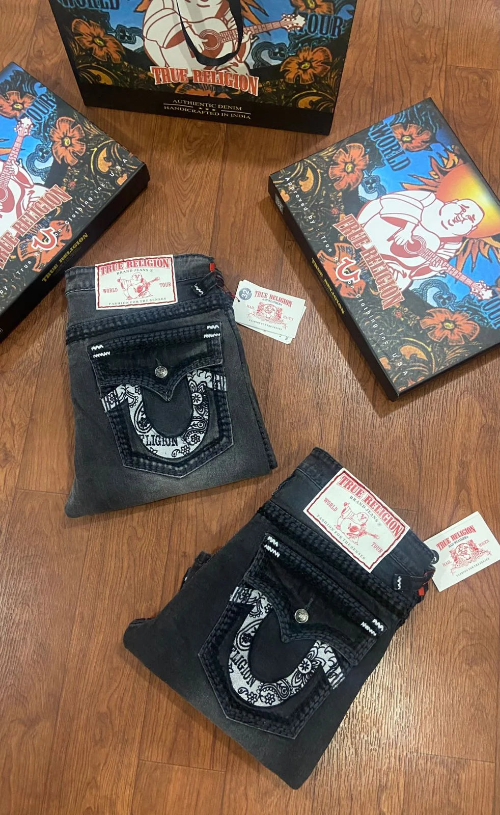 TRUE RELIGION || Men's Ricky Straight Fit Jeans – Heritage Grey Wash with Horseshoe Paisley Embroidery