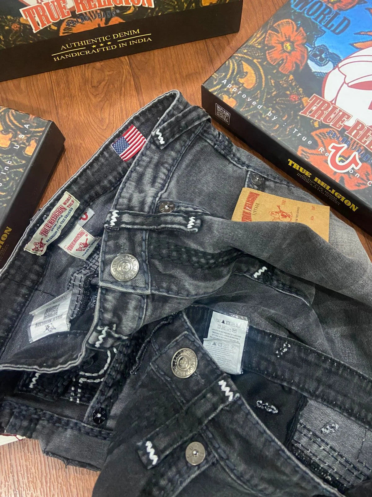 TRUE RELIGION || Men's Ricky Straight Fit Jeans – Heritage Grey Wash with Horseshoe Paisley Embroidery