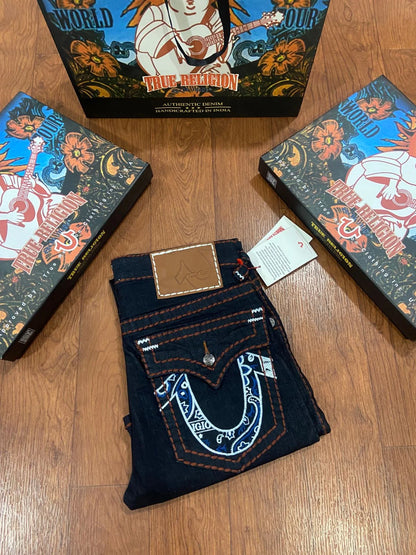 TRUE RELIGION || Men's Ricky Straight Leg Jeans – Dark Indigo with Paisley Monogram Horseshoe Stitch