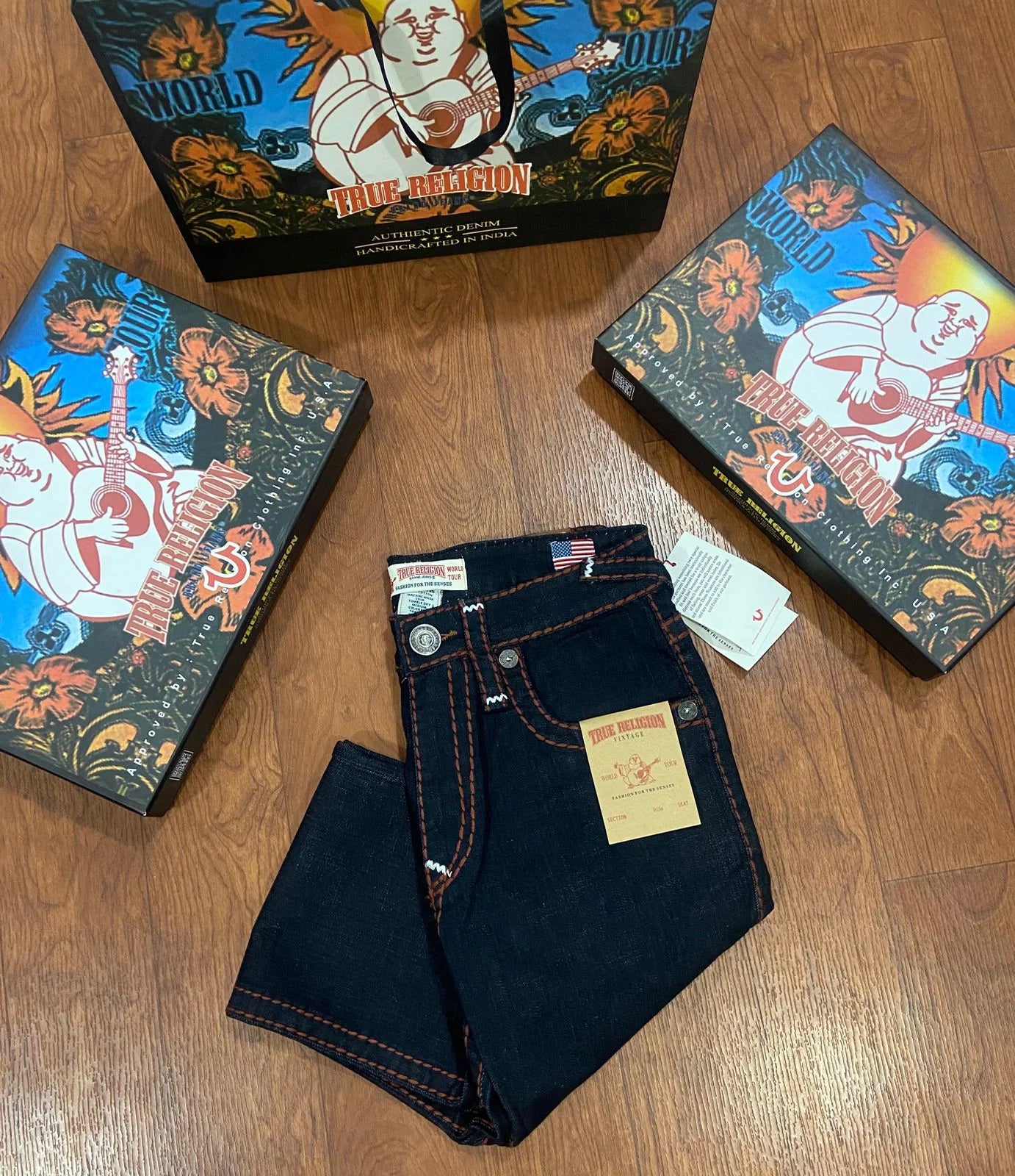 TRUE RELIGION || Men's Ricky Straight Leg Jeans – Dark Indigo with Paisley Monogram Horseshoe Stitch