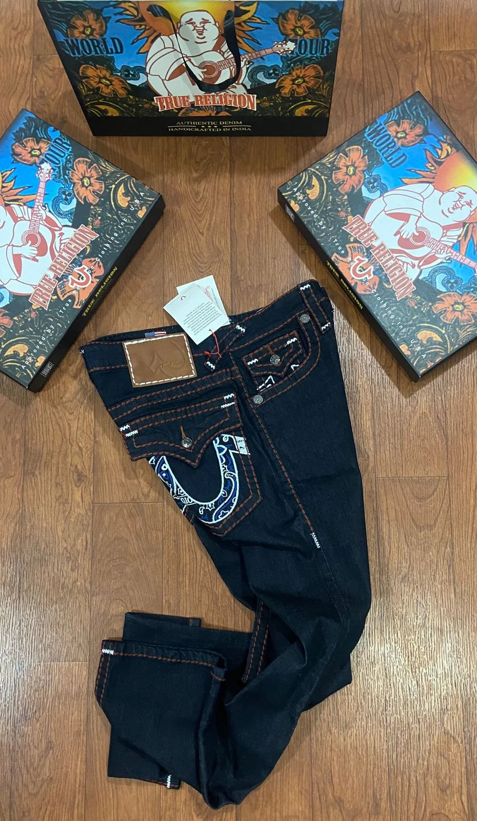 TRUE RELIGION || Men's Ricky Straight Leg Jeans – Dark Indigo with Paisley Monogram Horseshoe Stitch