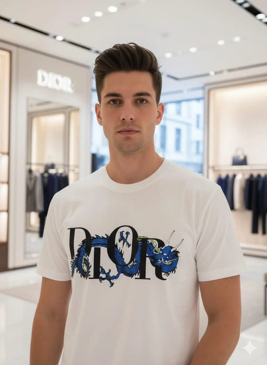 CHRISTIAN DIOR || Men’s White Cotton Jersey T-Shirt – Blue Dragon Logo Limited Edition