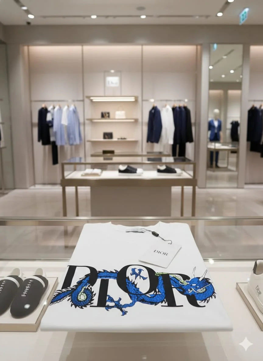 CHRISTIAN DIOR || Men’s White Cotton Jersey T-Shirt – Blue Dragon Logo Limited Edition