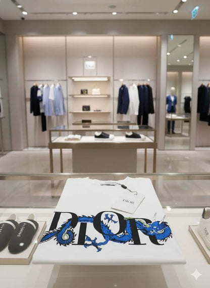 CHRISTIAN DIOR || Men’s White Cotton Jersey T-Shirt – Blue Dragon Logo Limited Edition