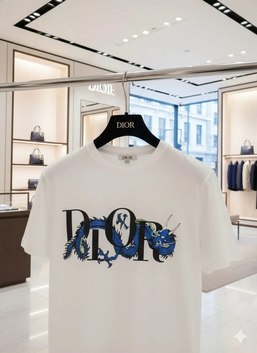 CHRISTIAN DIOR || Men’s White Cotton Jersey T-Shirt – Blue Dragon Logo Limited Edition