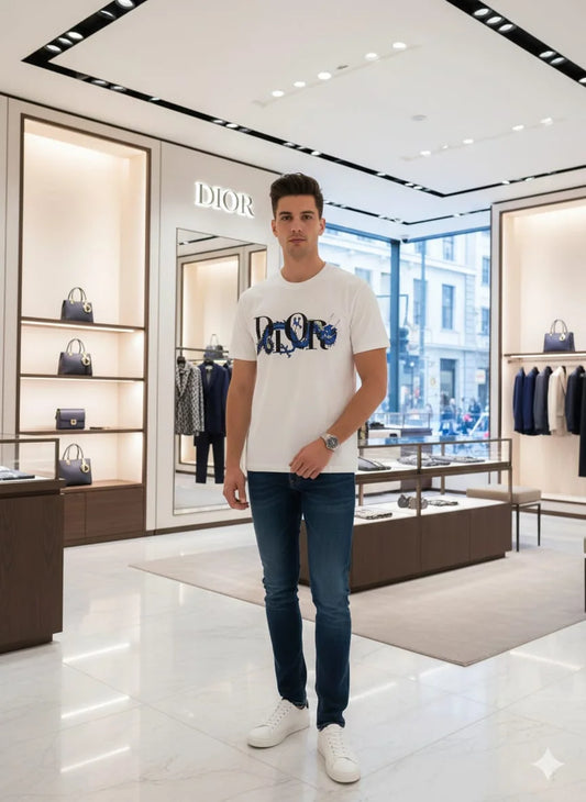 CHRISTIAN DIOR || Men’s White Cotton Jersey T-Shirt – Blue Dragon Logo Limited Edition