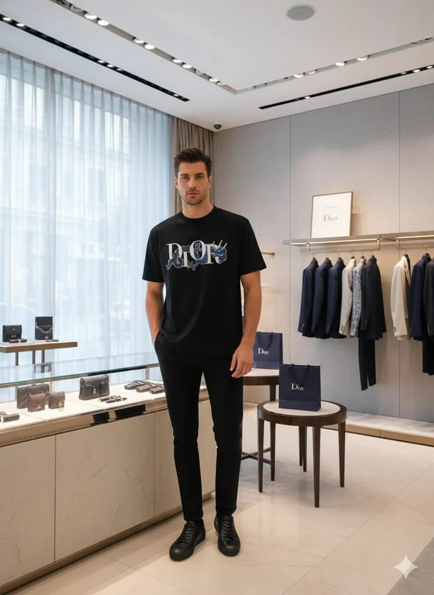 CHRISTIAN DIOR || Men’s Lunar New Year Dragon Logo T-Shirt - Black Cotton Jersey