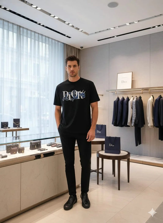 CHRISTIAN DIOR || Men’s Lunar New Year Dragon Logo T-Shirt - Black Cotton Jersey