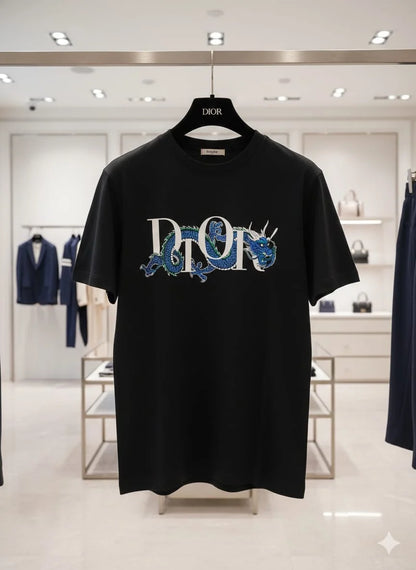 CHRISTIAN DIOR || Men’s Lunar New Year Dragon Logo T-Shirt - Black Cotton Jersey