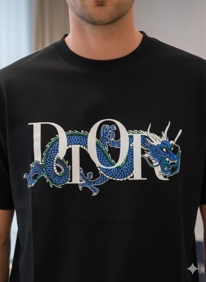 Dior Men's Blue Dragon Logo T-Shirt | Black Cotton Luxury Tee