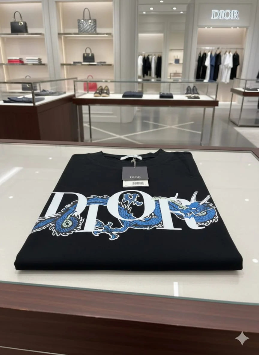 CHRISTIAN DIOR || Men’s Lunar New Year Dragon Logo T-Shirt - Black Cotton Jersey