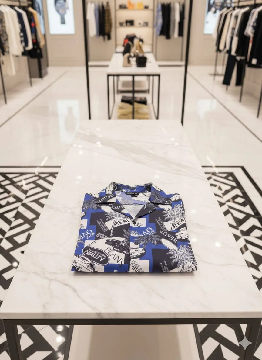 VERSACE || Men’s Blue Collage Graphic Print Silk Shirt – Slim Fit Short Sleeve Cuban Collar