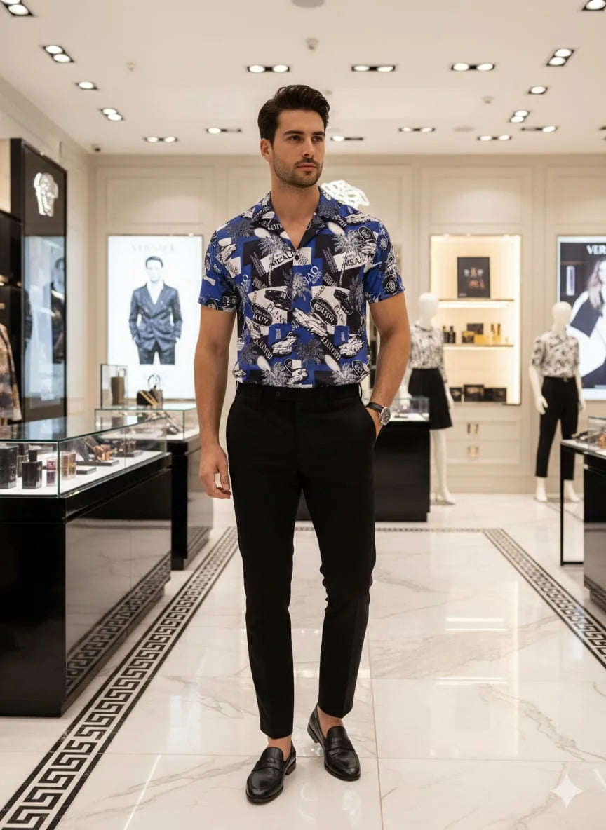 VERSACE || Men’s Blue Collage Graphic Print Silk Shirt – Slim Fit Short Sleeve Cuban Collar