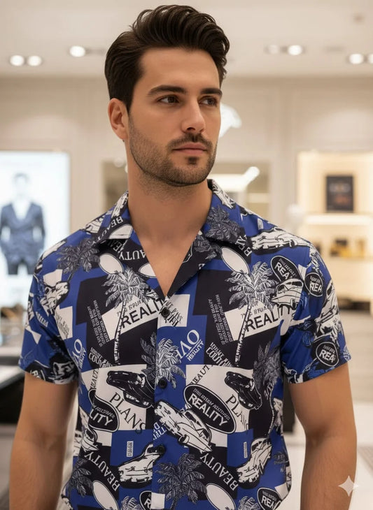 VERSACE || Men’s Blue Collage Graphic Print Silk Shirt – Slim Fit Short Sleeve Cuban Collar