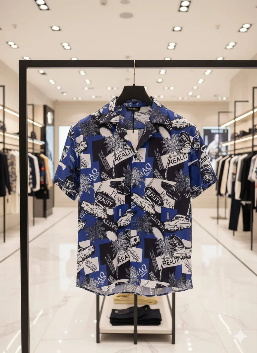 VERSACE || Men’s Blue Collage Graphic Print Silk Shirt – Slim Fit Short Sleeve Cuban Collar