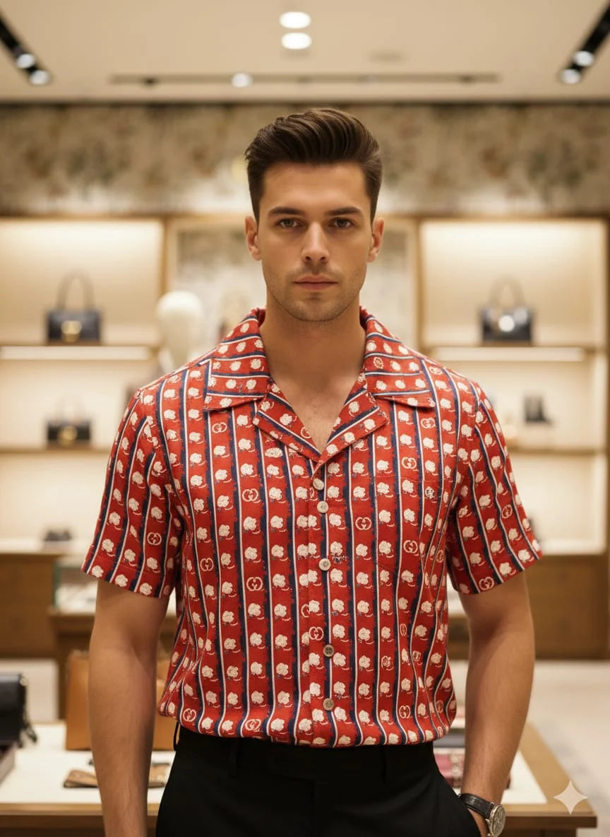 GUCCI || Men’s GG Floral Stripe Print Silk-Cotton Bowling Shirt – Red/Blue