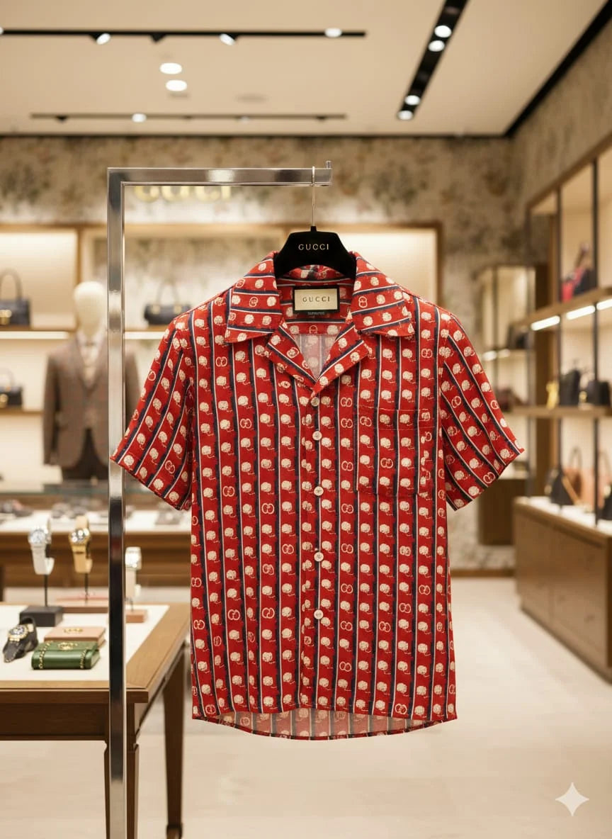 GUCCI || Men’s GG Floral Stripe Print Silk-Cotton Bowling Shirt – Red/Blue