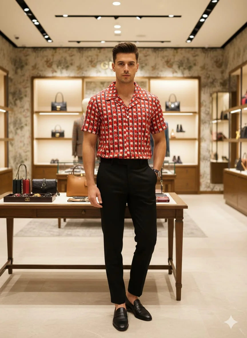 GUCCI || Men’s GG Floral Stripe Print Silk-Cotton Bowling Shirt – Red/Blue