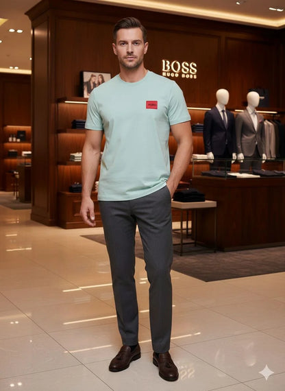 HUGO BOSS || Menswear Slim-Fit Cotton T-Shirt with Signature Red Logo Patch