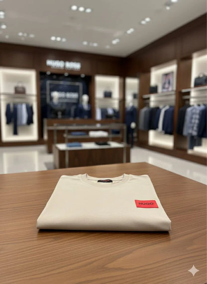 HUGO BOSS || Menswear Slim-Fit Cotton T-Shirt with Signature Red Logo Patch
