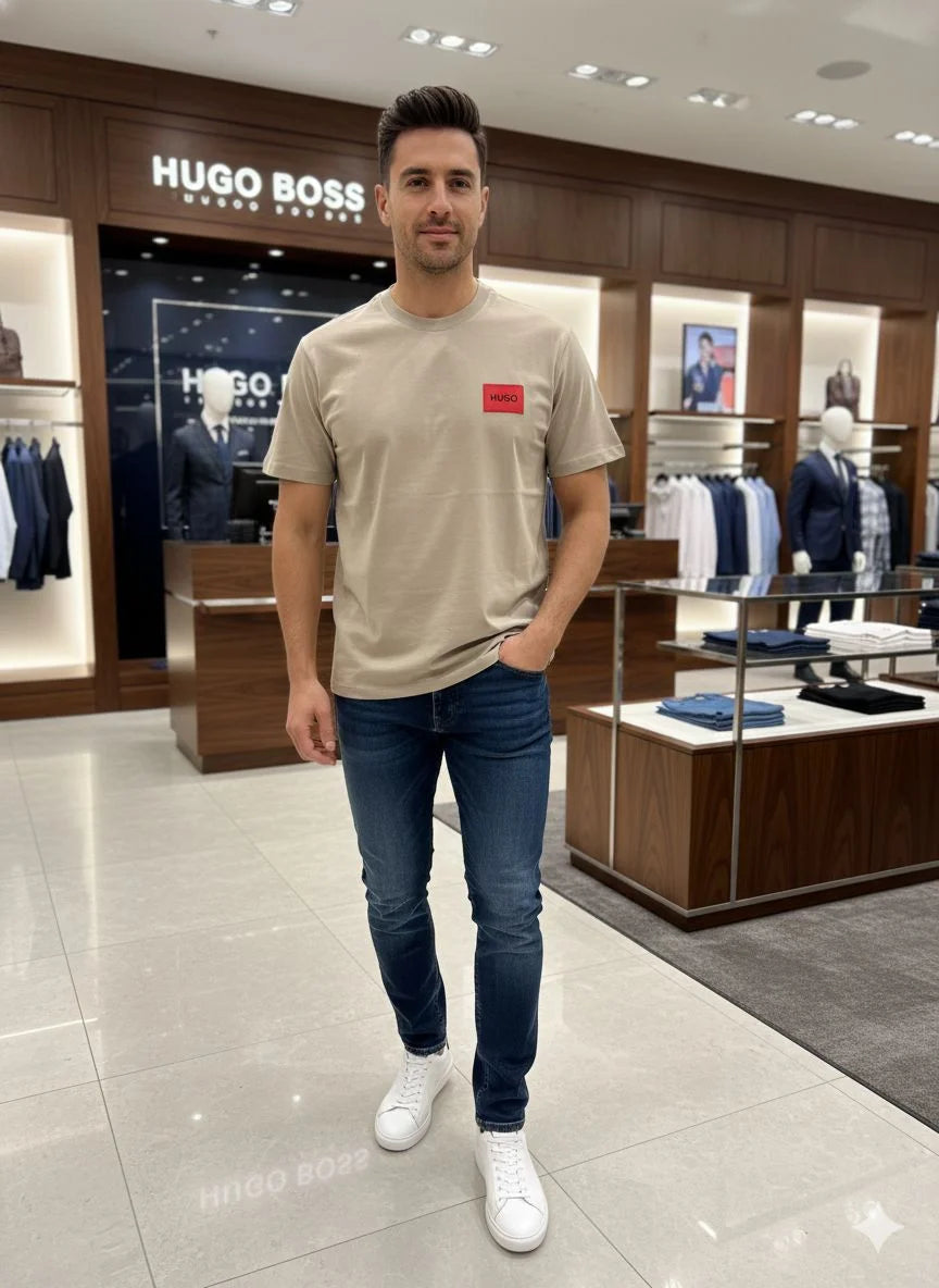 HUGO BOSS || Menswear Slim-Fit Cotton T-Shirt with Signature Red Logo Patch