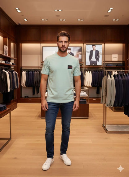 HUGO BOSS || Men's Cotton Jersey T-Shirt – Signature Red Logo Patch Crew Neck